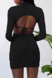 Black Fashion Sexy Solid Hollowed Out O Neck One Step Skirt Dresses