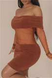 Brown Sexy Patchwork See-through Backless Off the Shoulder Long Sleeve Dresses