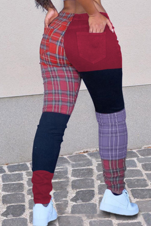 Red Fashion Casual Patchwork Mid Waist Trousers