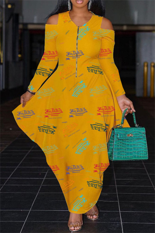 Yellow Fashion Casual Print Patchwork Zipper V Neck Long Sleeve Dresses