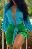Turquoise Fashion Sexy Solid Frenulum Asymmetrical V Neck Long Sleeve Two Pieces