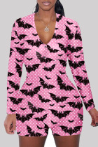 Pink Fashion Adult Living Print Patchwork V Neck Skinny Jumpsuits