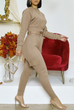 Khaki Fashion Casual Solid With Belt O Neck Long Sleeve Two Pieces