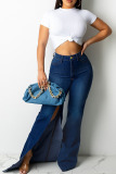Deep Blue Fashion Street Solid Slit Plus Size Jeans