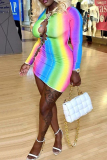 Rainbow Color Fashion Sexy Print Hollowed Out O Neck Long Sleeve Dresses