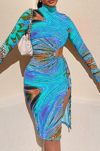 Blue Sexy Print Hollowed Out Half A Turtleneck Pencil Skirt Dresses