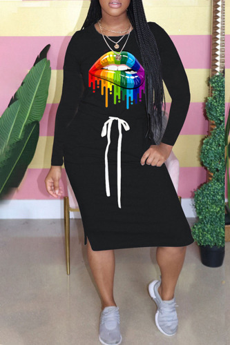 Black Casual Print Patchwork Pocket Frenulum O Neck One Step Skirt Dresses
