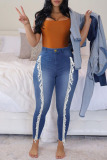 Medium Blue Fashion Street Solid Patchwork Plus Size Jeans