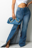 Deep Blue Fashion Street Solid Slit Plus Size Jeans