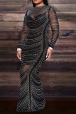 Black Sexy Solid Patchwork See-through Hot Drill O Neck Evening Dress Plus Size Dresses