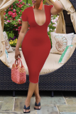 Red Sexy Solid Patchwork U Neck Pencil Skirt Dresses