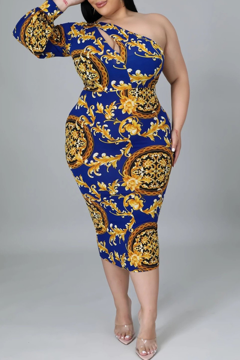 

Multicolor Sexy Casual Print Hollowed Out Backless Zipper Collar Long Sleeve Plus Size Dresses