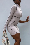 White Fashion Sexy Patchwork Asymmetrical Half A Turtleneck Long Sleeve Dresses