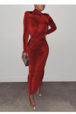 Red Sexy Solid Patchwork Fold Turtleneck One Step Skirt Dresses