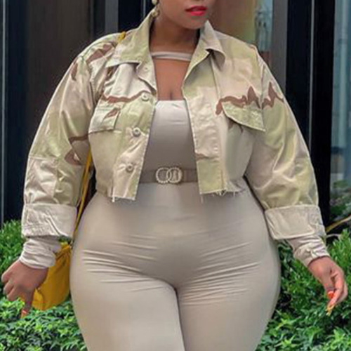 Khaki Casual Print Camouflage Print Patchwork Buckle Turndown Collar Plus Size Overcoat