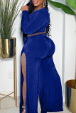 Royal Blue Fashion Casual Solid Slit V Neck Long Sleeve Two Pieces