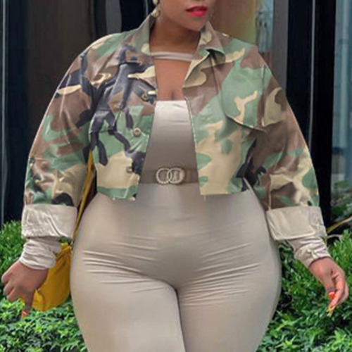 Army Green Casual Print Camouflage Print Patchwork Buckle Turndown Collar Plus Size Overcoat