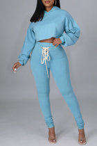 Light Blue Fashion Casual Solid Bandage Hooded Collar Long Sleeve Two Pieces