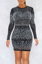 Black Sexy Solid Split Joint Beading Hot Drill O Neck A Line Dresses