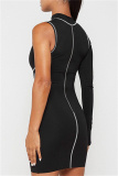 Black Fashion Sexy Patchwork Asymmetrical Half A Turtleneck Long Sleeve Dresses