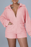 Pink Sexy Solid Patchwork Hooded Collar Rompers