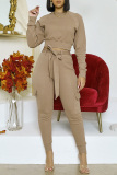 Khaki Fashion Casual Solid With Belt O Neck Long Sleeve Two Pieces