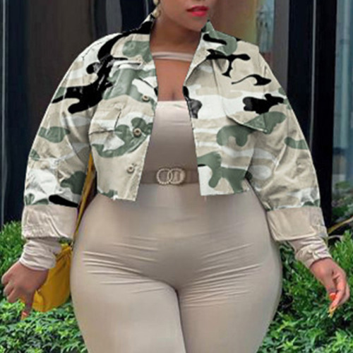 Light Green Casual Print Camouflage Print Patchwork Buckle Turndown Collar Plus Size Overcoat