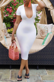 White Sexy Solid Patchwork U Neck Pencil Skirt Dresses