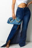 Light Blue Fashion Street Solid Slit Plus Size Jeans