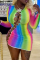 Rainbow Color Fashion Sexy Print Hollowed Out O Neck Long Sleeve Dresses