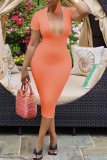 Tangerine Red Sexy Solid Patchwork U Neck Pencil Skirt Dresses