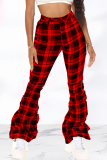 Red Sexy Plaid Patchwork Boot Cut Mid Waist Speaker Full Print Bottoms