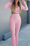 Pink Fashion Sexy Solid Patchwork V Neck Long Sleeve Two Pieces
