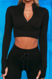 Black Casual Sportswear Solid Long Sleeve TopS