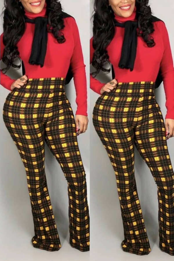 Yellow Sexy Tight-Fitting Hip Tartan Plaid Flared Trousers