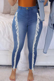 Medium Blue Street Solid Tassel Patchwork High Waist Skinny Denim Jeans