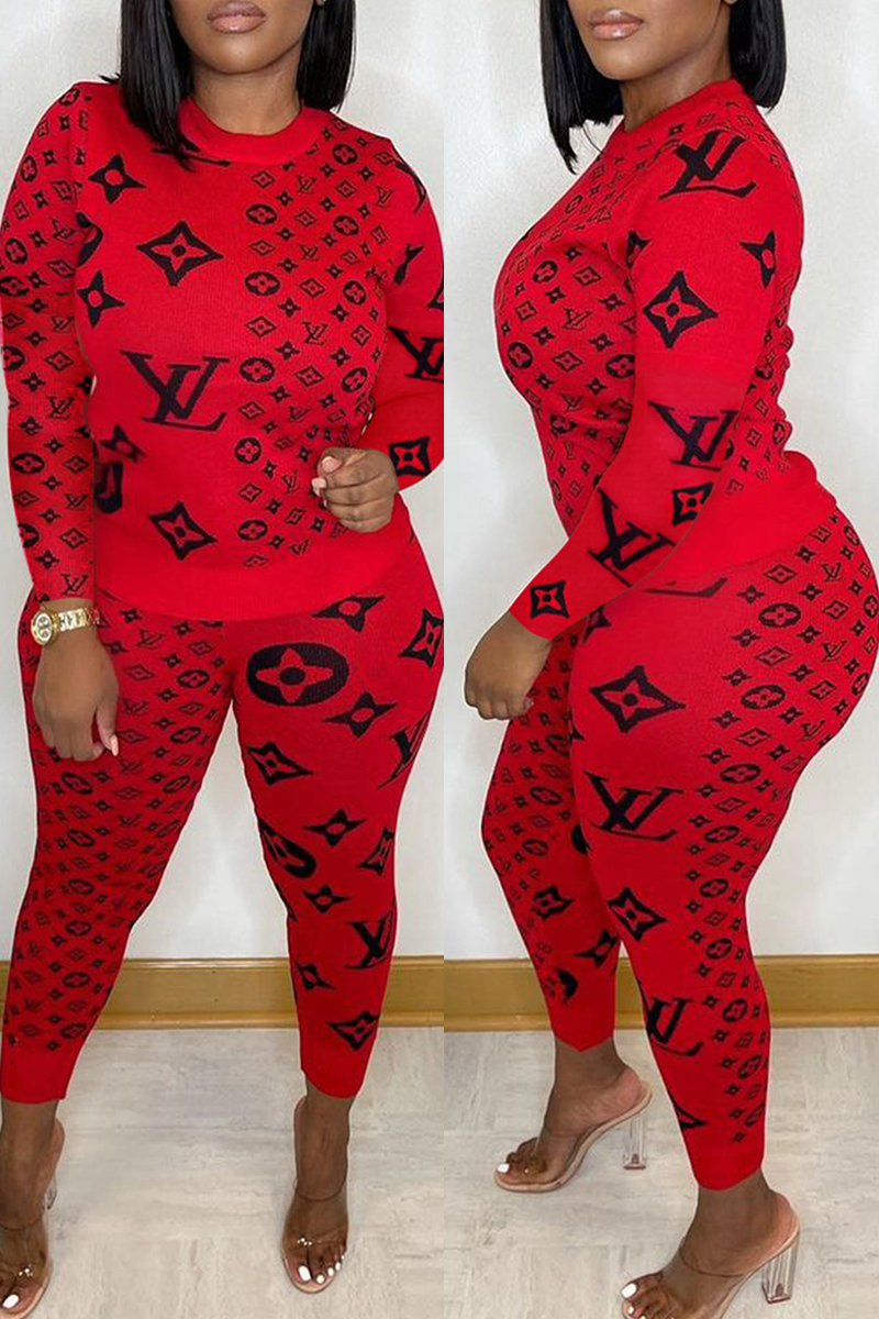 

Red Fashion Casual Print Basic O Neck Long Sleeve Two Pieces