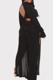 Black Sexy Casual Print Bandage Backless Slit Turtleneck Plus Size Two Pieces