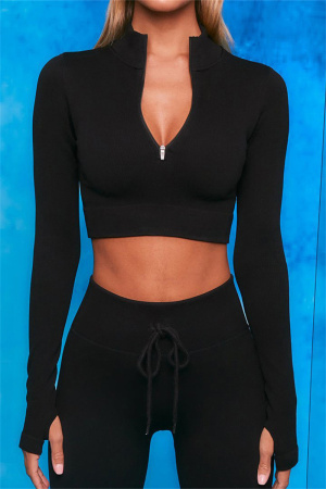 Black Casual Sportswear Solid Long Sleeve TopS