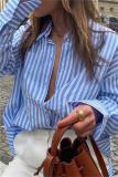 Blue Fashion Casual Striped Print Cardigan Turndown Collar Tops