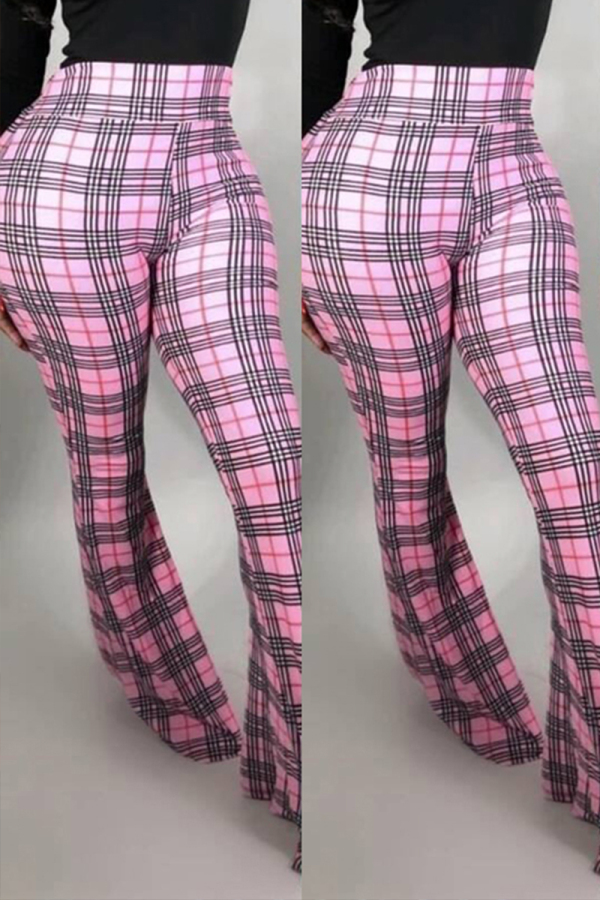 Pink Sexy Tight-Fitting Hip Tartan Plaid Flared Trousers