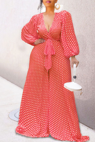 Red Casual Print Polka Dot Bandage Patchwork V Neck Loose Jumpsuits