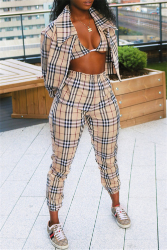 Khaki Fashion Casual Plaid Print Cardigan Vests Pants Turndown Collar Long Sleeve Three-piece Set
