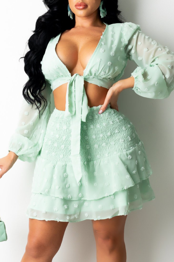 Light Green Sexy Solid Bandage Flounce V Neck Long Sleeve Two Pieces