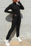 Black Fashion Casual Solid Fold Zipper Collar Regular Jumpsuits