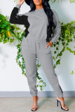 Grey Fashion Casual Patchwork Basic O Neck Long Sleeve Two Pieces