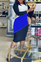 Deep Blue Casual Color Lump Print Patchwork O Neck One Step Skirt Plus Size Dresses