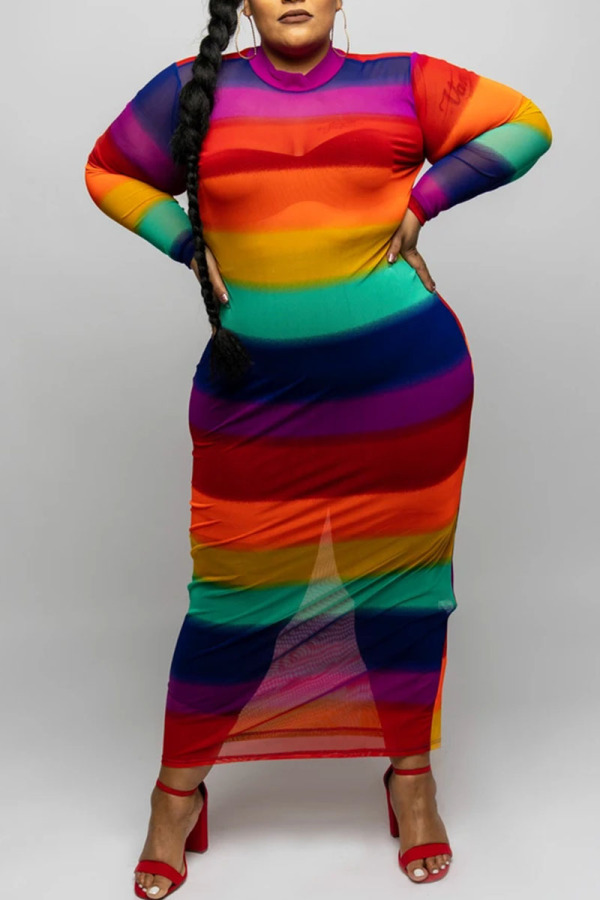 Rainbow Color Sexy Striped Print Split Joint O Neck One Step Skirt Plus Size Dresses