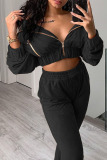Black Fashion Casual Solid Patchwork Turndown Collar Long Sleeve Two Pieces