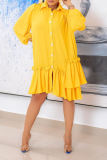 Yellow Casual Solid Flounce Turndown Collar Cake Skirt Dresses